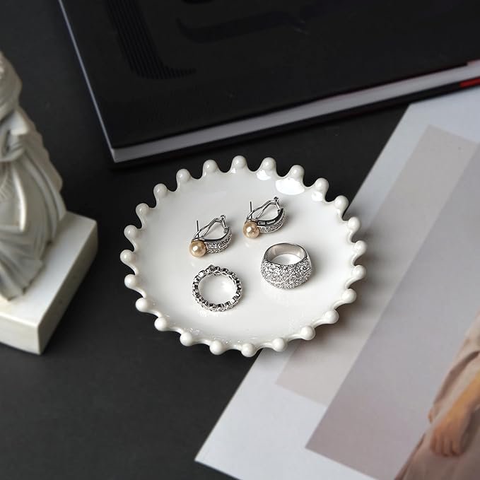 Ceramic Jewelry Dish, Decorative Tray for Rings Earrings Necklaces Bracelet Watch Keys, 4.50" Trinket Tray as Gifts for Women (White Beads)