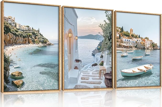 Natural Coastal Ocean Framed Canvas Wall Art Set,Modern Whitewashed Architecture Scenery Wall Decor, Mediterranean Beach Boat Landscape Artwork for Living Room, Bedroom,Farmhouse- 16"x24"x3