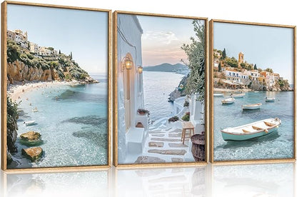 Natural Coastal Ocean Framed Canvas Wall Art Set,Modern Whitewashed Architecture Scenery Wall Decor, Mediterranean Beach Boat Landscape Artwork for Living Room, Bedroom,Farmhouse- 16"x24"x3