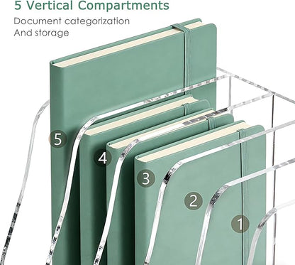 YUXUN Clear Acrylic File Folder Holder - 5 Vertical Compartments Desk Document Sorter, Upright Magazine Rack for Office/Home/Classroom, Stores Documents, Tablets, Magazines, Books & Accessories