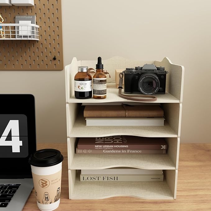 Desk Storage Compartments Stackable Letter Tray Wood for Storage Desk/Document/Paper, File Tray, A4 (Linen)