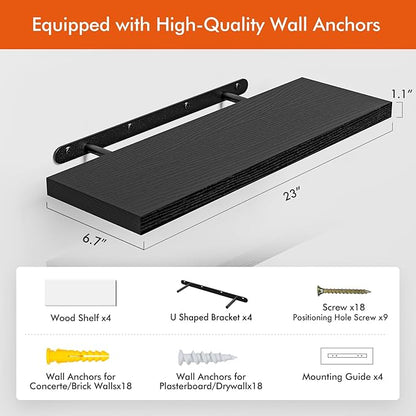 YUFLINX 23’’Black Floating Shelves for Wall,Rustic Wood Shelf for Room Decor/Storage/Display,Small Bookshelf,Wall Mounted Hanging Shelves for Bedroom, Bathroom, Living Room, Kitchen,Set of 4