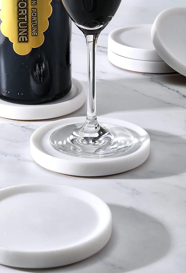 White Marble Coasters Raised Edges- Designer Drink Coasters - Large Coasters for Coffee Table, Kitchen, Bar, Dinning - Generous 4" Wide Set of (6)