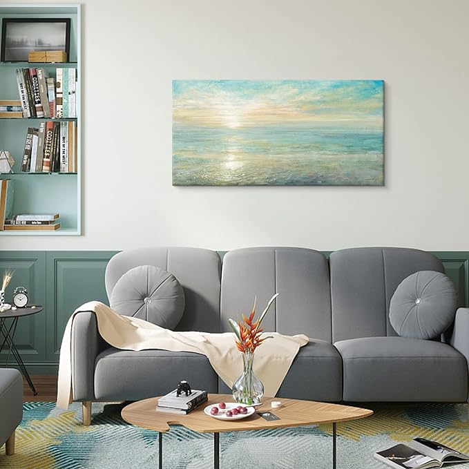 Goldfoilart Beach Sunrise Pictures Ocean Wall Art Coastal Canvas Prints Sea Waves Poster Paintings for Living Dining Room Bedroom Bathroom Framed Artwork Decorations Home Decor 20"x40"