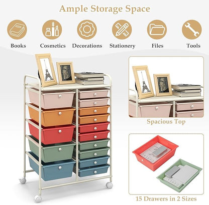 HAPPYGRILL 15-Drawer Rolling Cart, Storage Carts with Removable Drawers & Steel Frame, Utility Cart on Lockable Wheels for Home, School, Office, Macaroon