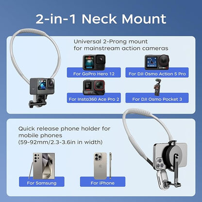 FUNSNAP Magnetic Neck Mount for Go Pro Phone Holder, Quick Release POV Video Vlog Flexible Angle Necklace Holder for GoPro Hero 13 12 11 10 9 Insta360 X3 X4 DJI Action 3 4 5 Pro iPhone Android