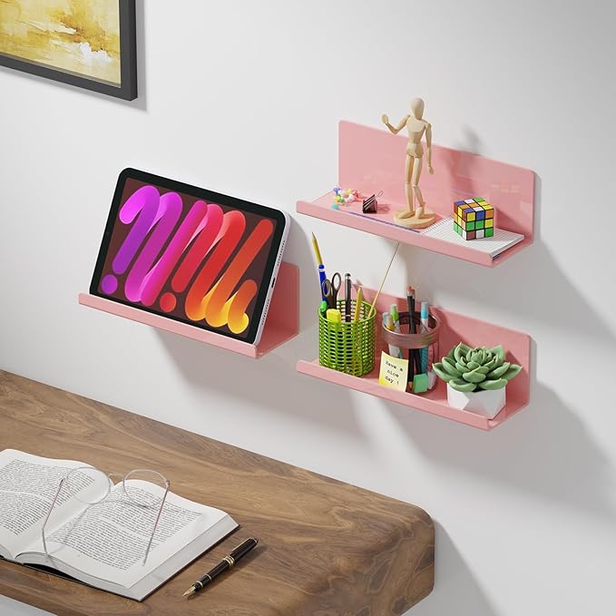 PAVSTINE Adhesive Floating Shelves for Wall No Drilling, 12 Inch Acrylic Self Adhesive Shelves, Stick on Shelves, Dorm Wall Shelf, for Bathroom, Kitchen, Bedroom, Office, Gaming Room, Pink