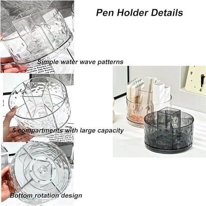Rotating Pencil Holder, Desk Organizer with Multi-Compartment Design-Stylish, Functional Storage Solution for Home Offices, Classroom, Art Supplies Storage (Light gray ripple)