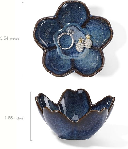 Flower Ring Dish Holder,Jewelry Dish Tray,Small Trinket Tray,Jewelry Plate Bowl,Key Bowl,Decorative Plate,Birtdhay Christmas Gifts for Women Friends,Ceramic Kiln effect Blue