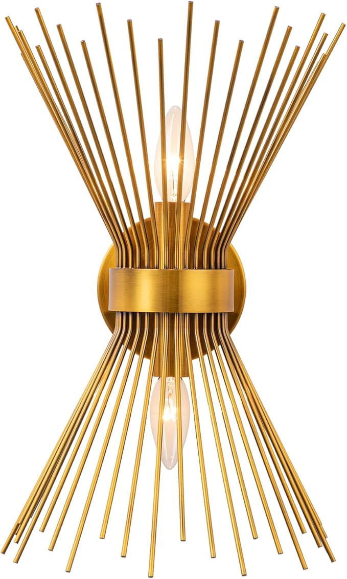 EDISLIVE 2-Bulb Bathroom Vanity Light Mid-Century Modern Starburst Wall Sconce Lamp 11 x 4.7 x 15.8in Wall Light for Hallway Bedroom Bathroom Gold