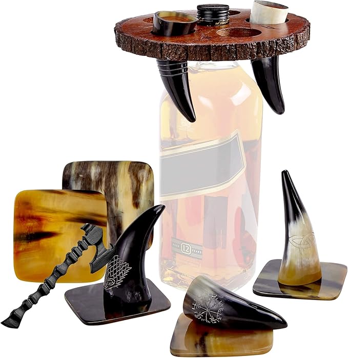 Viking Culture Viking Horn Drinking Cup Shot Glasses with Vintage Axe Bottle Opener, Coasters, and Rustic Wood Display Stand, Toasting Vessels for Party, Event, Bachelors