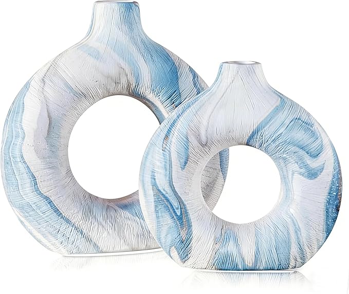 Blue Vases Set of 2, Boho Donut Vase for Table Centerpiece, Modern Hollow Vases Ceramic Decoration for Living Room, Nordic Home Decor for Coffee Table Shelf