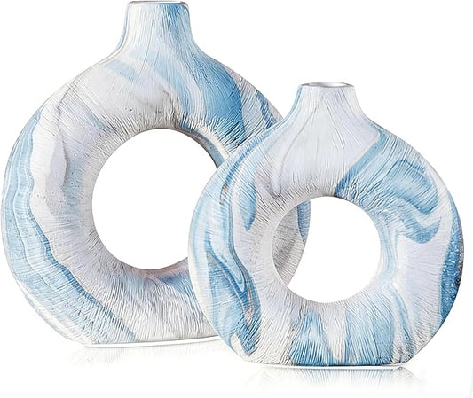 Blue Vases Set of 2, Boho Donut Vase for Table Centerpiece, Modern Hollow Vases Ceramic Decoration for Living Room, Nordic Home Decor for Coffee Table Shelf