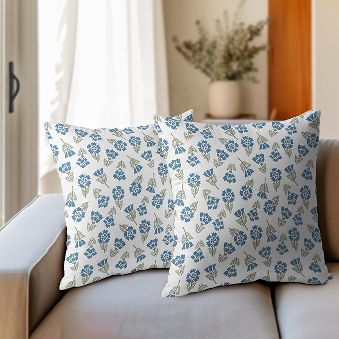 Blue Green Block Print Pillow Covers 16x16 Set of 2 Floral Spring Summer Flower Pattern Decorative Neutral Outdoor Throw Pillowcases Boho Cushion Cover Rustic Decoration Farmhouse Sofa Couch Bed Decor
