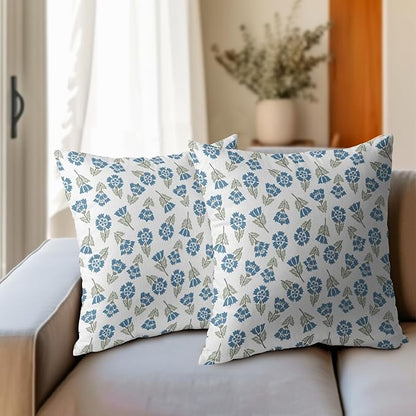 Blue Green Block Print Pillow Covers 16x16 Set of 2 Floral Spring Summer Flower Pattern Decorative Neutral Outdoor Throw Pillowcases Boho Cushion Cover Rustic Decoration Farmhouse Sofa Couch Bed Decor