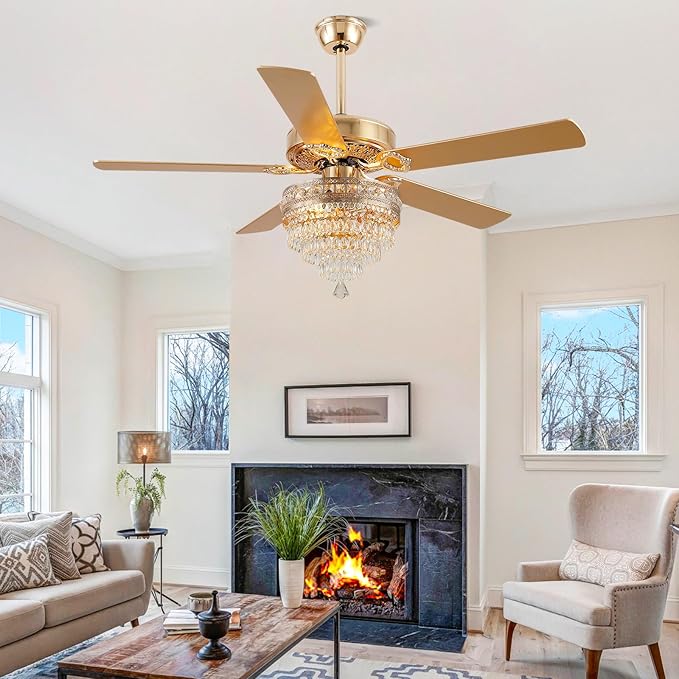 Crystal Ceiling Fan Fandelier with Lights - 52" Modern Outdoor Fans with Remote Control，Noiseless AC Motor, Retro/Farmhouse Lighting, Dining Room,Living Room (Gold