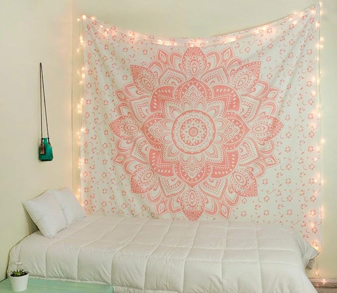 raajsee Metallic Rose Gold Tapestry Pink Mandala Wall Hangings, Indian Cotton Beach Throw Blanket, Hippie Tapestries Boho Decor Bohemian Bedding,Twin Bedspread 52x82 inches Yoga Mat Rugs