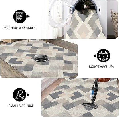 Modern Area Rug Living Room Rugs 6x8, Minimalist Soft Boho Geometric Rug, Non-Slip Washable Low Pile Non Shedding Carpet for Bedroom Office Dining Room Kitchen Nursery, Gray Beige White