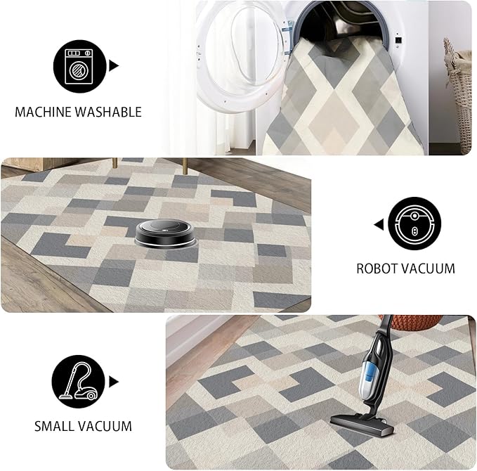 Modern Area Rug Living Room Rugs 5x8, Minimalist Soft Boho Geometric Rug, Non-Slip Washable Low Pile Non Shedding Carpet for Bedroom Office Dining Room Kitchen Nursery, Gray Beige White