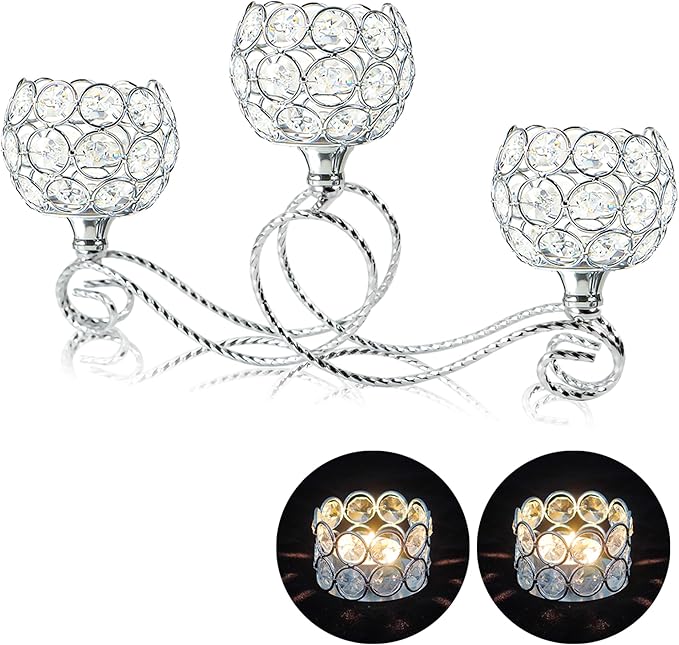 Gold/Silver Metal Crystal Tea Light Candle Holder, Elegant Wedding Table Centerpiece 3/5 Arm Crystal Candle Holder, Christmas Votive Candle Holder for Wedding Living Room Decor (Silver, 1pc-3 Arm)