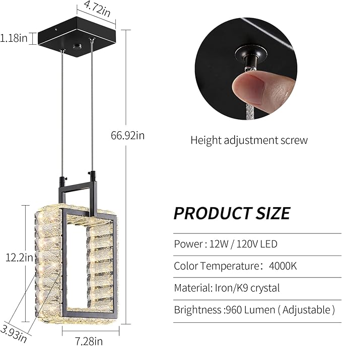 Kitchen Island Mini Light Fixture Modern Led Crystal Pendant Light Black Rectangle Chandelier for Dining Room Living Room Kitchen Bedroom Bar（1-Pack）