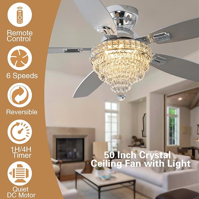 Crystal Ceiling Fan Fandelier with Lights-Ceiling Fans,50" Low Profile and Remote Control, Flush Mount, Reversible, Dimmable, Noiseless,Ceiling Fan for Bedroom（Chrome）