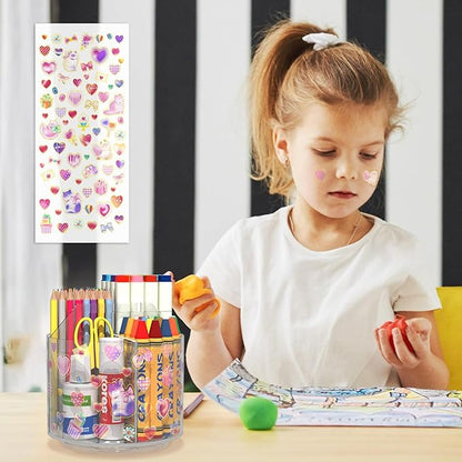 Acrylic Pencil Organizer for Desk 4 Compartments with Adhesive DIY Sticker, Rotating Art Supply Organizer with Kawaii Sticker Kids, Spinning Round Marker Small Supply Caddy