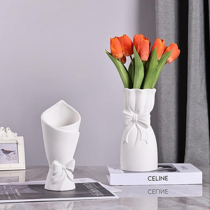 Frosted Porcelain Floral Handmade Vases,Frosted Ceramic vases,Geometric Ceramic Flower Vase for Modern Home Decoration and high-end Wedding,Matte Frosted Texture Bud Flower Vase (2pcs Set)