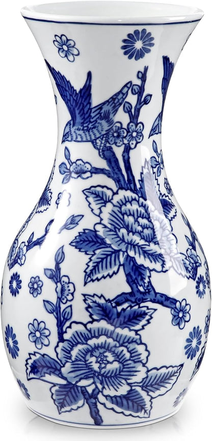 Blue and White Ceramic Vase, 11" Tall Chinoiserie Vase in Wide Mouth, Vintage Blue Flower Vases Decorative Vases for Home Decor, Table Centerpiece, Living Room, Dining Room, Entryways Decor