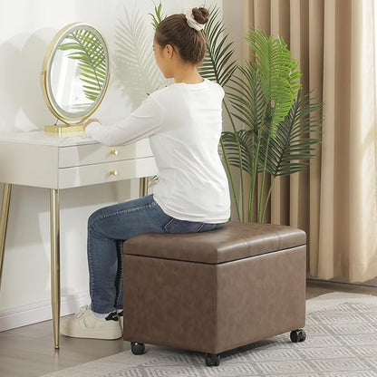 Joveco 24" Linen Storage Ottoman Bench with Wheels, Rectangle Foot Rest Stool for Living Room, Bedroom, Entryway, Earthy Light Brown Veining