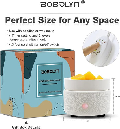 Candle Wax Melts Warmer Burner - Ceramic Essential Oil Warmer 3-in-1 candle warmer Timer Adjust Fragrance Intensity Auto Shut Off for Scented Wax Tart Cube Aromatherapy Home Office Bedroom Decor Gifts