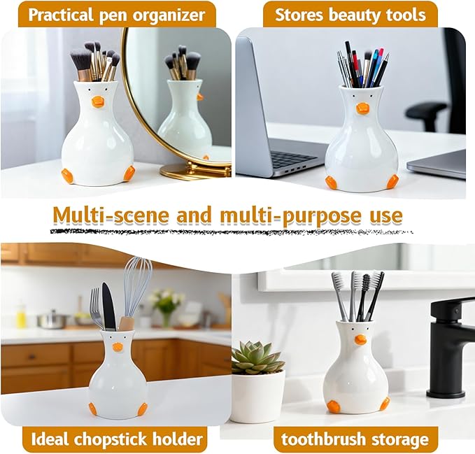 Handcrafted White Ceramic Duck Vase - Cute Animal-Themed Round Table Vase | Trendy Funky Art Decor for Fresh Flowers, Utensils & Accessories | Handcrafted Gift for Home Bedroom Office Decor