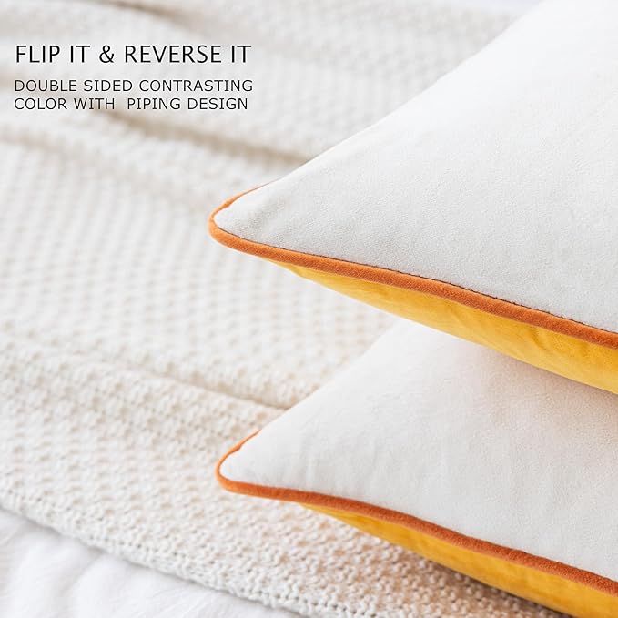 LIGICKY Orange Yellow and Cream White Velvet Throw Pillow Covers 18x18 inch, Set of 2 Modern Double-Sided Design, Soft Square Decorative Cushion Cases with Rope Edging for Home Decor