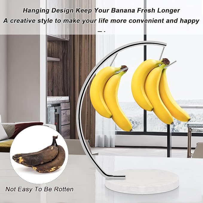 Livabber Banana Holder with Marble Base, Metal Banana Hanger Modern Tree Stand with Hook, Stylish Banana Keeper Fresh Fruit Storage Organizer Freestanding for Kitchen Countertop (Chrome, Double Hook)