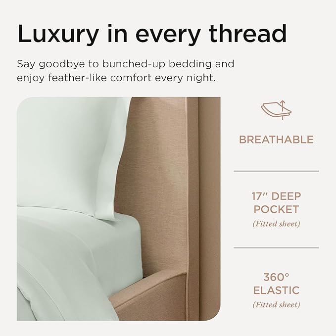 Threadmill Supima Cotton Queen Sheet Set, 1000 Thread Count Queen Sheets for Queen Mattresses, 4 Piece American Luxury Bed Sheets, Sateen Hotel Quality Sheets with Elasticized Deep Pocket, Seaglass