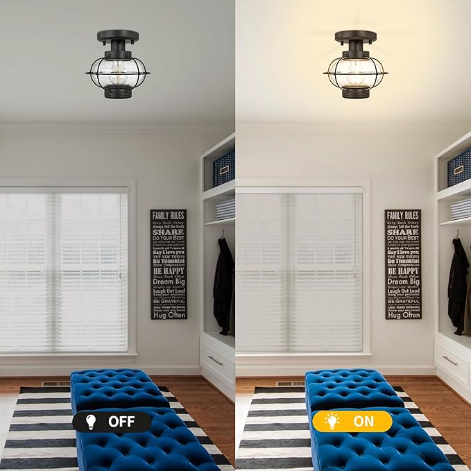 Kalium Outdoor Flush Mount Ceiling Light Fixture with Glass Globe Shade, E26 Standard Base Industrial Farmhouse Lamp for Porch Indoor Dining Room Kitchen Hallway Bedroom Balcony Stairway