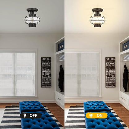 Kalium Outdoor Flush Mount Ceiling Light Fixture with Glass Globe Shade, E26 Standard Base Industrial Farmhouse Lamp for Porch Indoor Dining Room Kitchen Hallway Bedroom Balcony Stairway