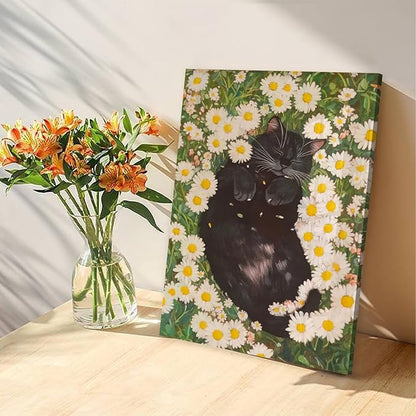 White Daisies and Fat Black Cat Canvas Wall Art Wildflowers Black Cat Poster Print Wall Decor Painting Funny Cat Abstract Farmhouse Aesthetic artwork for Bedroom Bathroom Home Decoration 12x16in