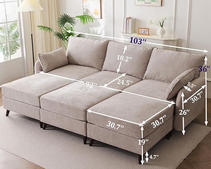 104'' Modular Sectional Sofa with Seats Storage,Oversized Sleeper Sofa Bed,Comfy Cloud Couches with Deep Seat,Couches for Living Room,Movable Ottoman,2 Throw Pillow,Chenille,Khaki
