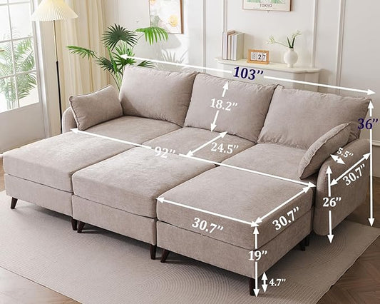 104'' Modular Sectional Sofa with Seats Storage,Oversized Sleeper Sofa Bed,Comfy Cloud Couches with Deep Seat,Couches for Living Room,Movable Ottoman,2 Throw Pillow,Chenille,Khaki