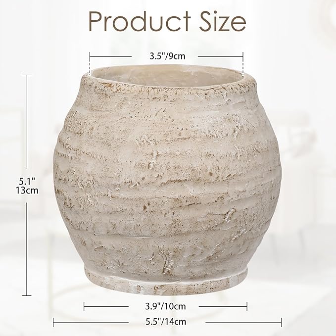 Briful 5'' Ceramic Rustic Vase Shabby Vintage Textured Vases, 3.5'' Wide Mouth Pampas Jar Vase Pottery for Fake Flowers Branches, Farmhouse Home Décor, Weddings Shelf Table Decor, Cream White