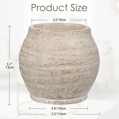 Briful 5'' Ceramic Rustic Vase Shabby Vintage Textured Vases, 3.5'' Wide Mouth Pampas Jar Vase Pottery for Fake Flowers Branches, Farmhouse Home Décor, Weddings Shelf Table Decor, Cream White