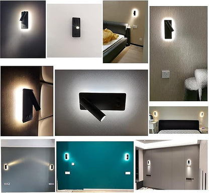 LED wall lamp and reading light two-in-one multifunctional wall sconces. LED Wall Lamp Plug in for Bedroom Bedside Wall Sconces Set of Two Black Reading Light 3W+6W Night Light 3000K(BLACK)
