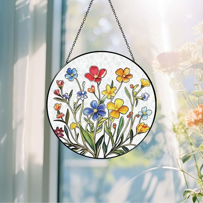 Flowers Sun Catcher Stained Glass Window Hanging Flower Decor Gifts for Women Wall Decor Handmade Sun Catcher Botanical Decoration for Home Garden Housewarming Gifts