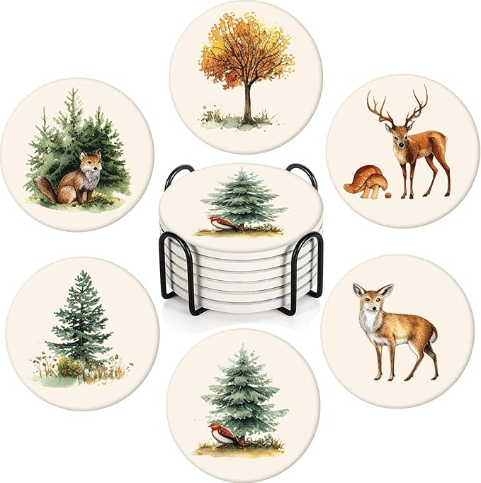 Boho Set of 6 Coasters for Drinks Absorbing Round Ceramic Stone Coaster with Cork Base,Tabletop Protection Mat for Mugs and Cups,Office,Kitchen (Forest)