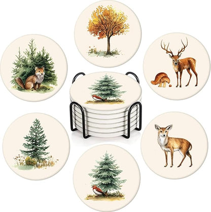 Boho Set of 6 Coasters for Drinks Absorbing Round Ceramic Stone Coaster with Cork Base,Tabletop Protection Mat for Mugs and Cups,Office,Kitchen (Forest)