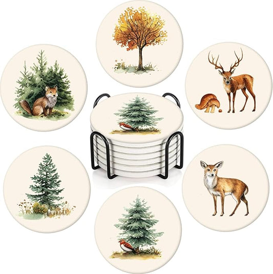 Boho Set of 6 Coasters for Drinks Absorbing Round Ceramic Stone Coaster with Cork Base,Tabletop Protection Mat for Mugs and Cups,Office,Kitchen (Forest)