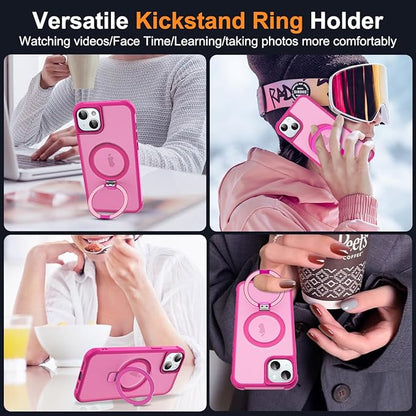 Compatible with iPhone 14 Plus Case with Invisible Magnetic O-Ring Stand Military-Grade Translucent Case for iPhone 14 Plus 6.7" [Compatible with Mag-Safe][Great Grip Feeling], Rose