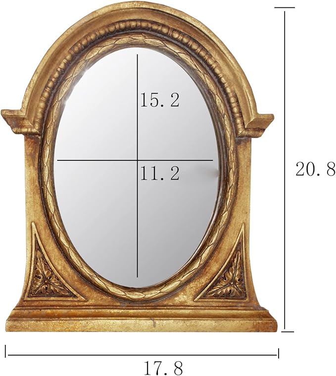Eaoundm 8.3 x 7.1 inch Arch Mirror Antique Resin Frame Vintage Hanging Mirrors Tabletop Mirrors Gold Oval