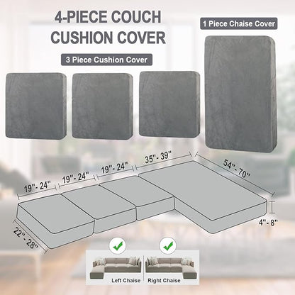 NAISI Sectional Couch Cover 4 Pieces Velvet Separate Couch Cushion Covers L Shape Soft Stretch Sofa Slipcovers with 2pcs Pillowcases for Left/Right Chaise Sectional Couch(3 Seater+1 Chaise,Light Grey)